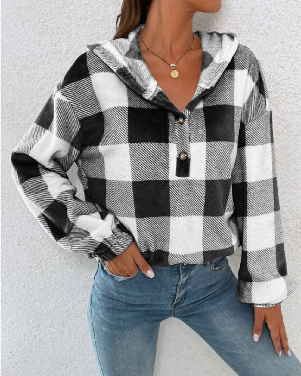 Flannel Plaid Half Open Collar Buttoned Hooded Plush Sweatshirt