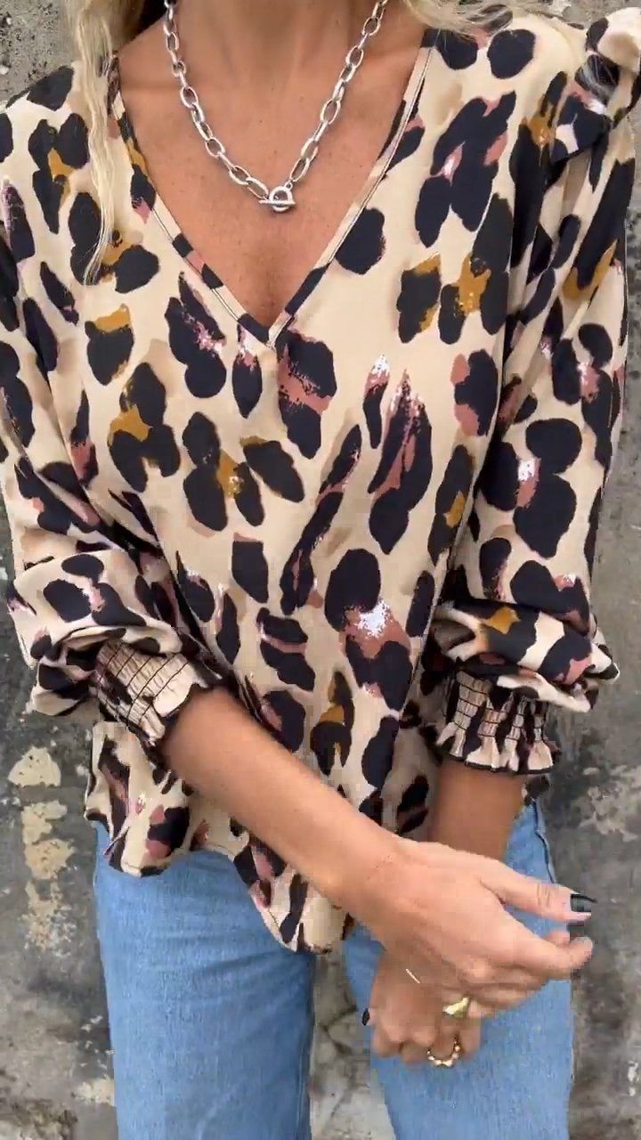 Leopard Print V-neck Top with Flying Sleeves