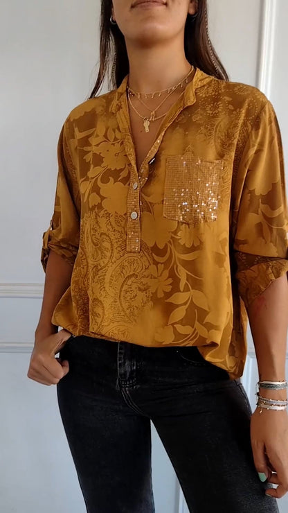 V-neck Half-button Printed Top