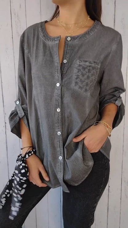 Round Neck Mid-sleeve Cotton and Linen Casual Top