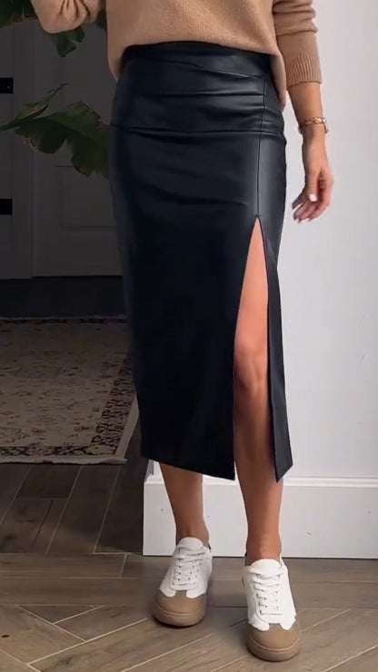 Stylish Side Slit Leather Skirt