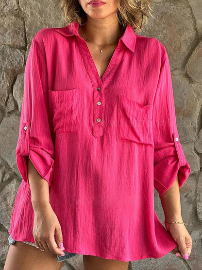 Solid Color Cotton and Linen Button Long Sleeve Casual Shirt Top