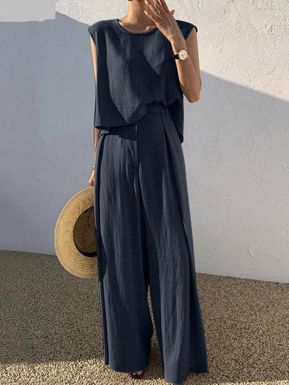 Cotton and Linen Fashion Casual Loose Two-piece Sleeveless Blouse Loose Wide Leg Pants