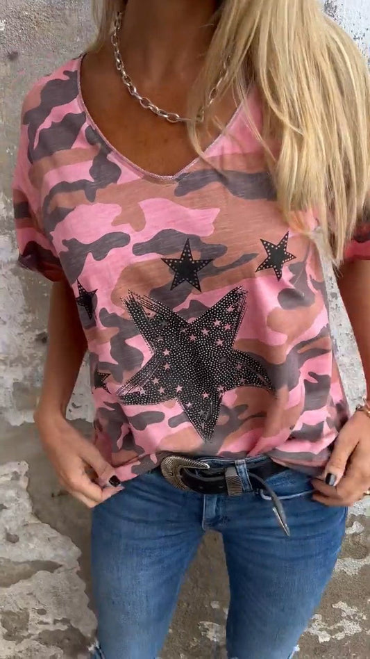 V-neck Short-sleeved Camouflage Star T-shirt