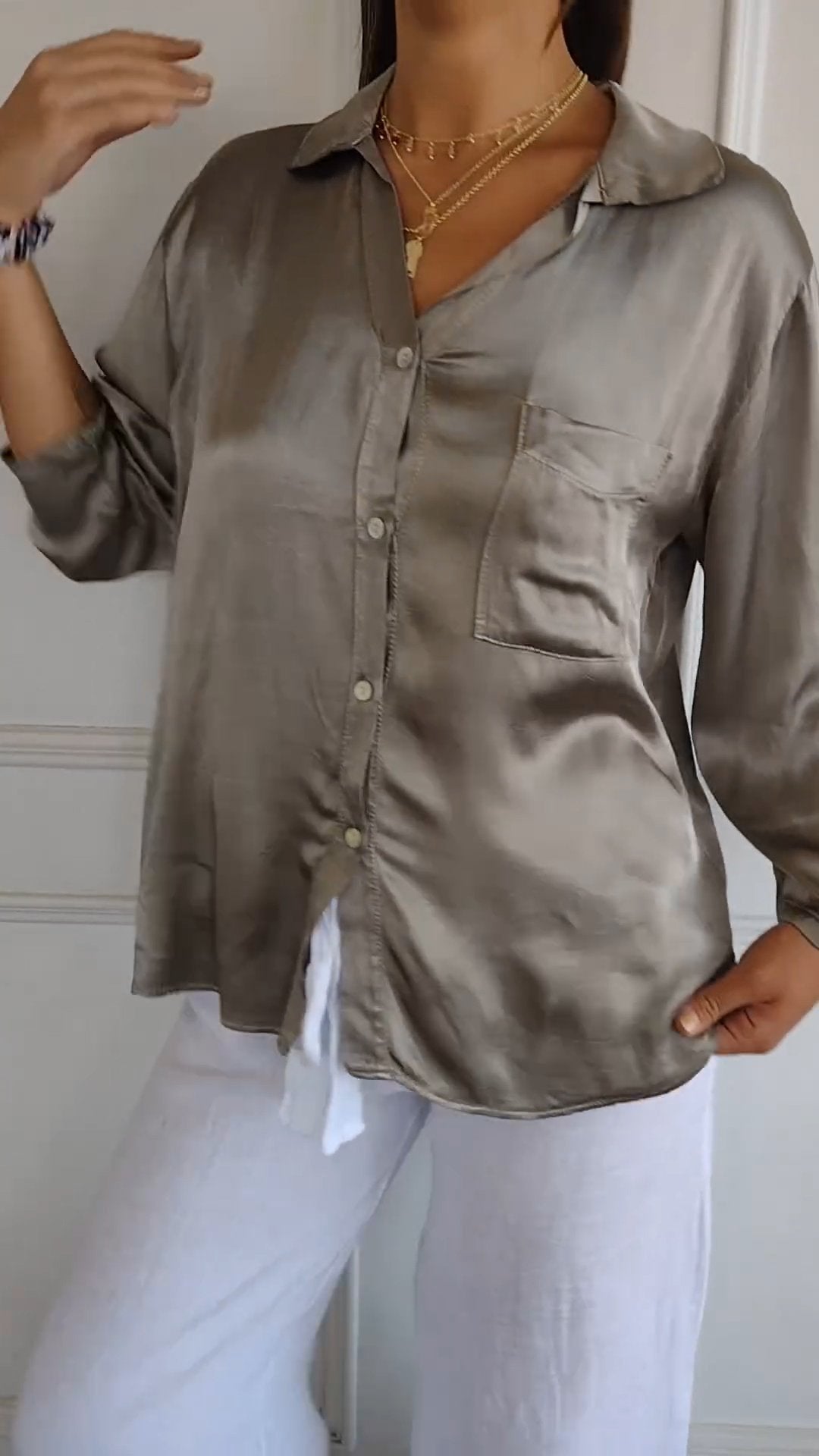 Satin Long Sleeve Top Shirt with Pocket