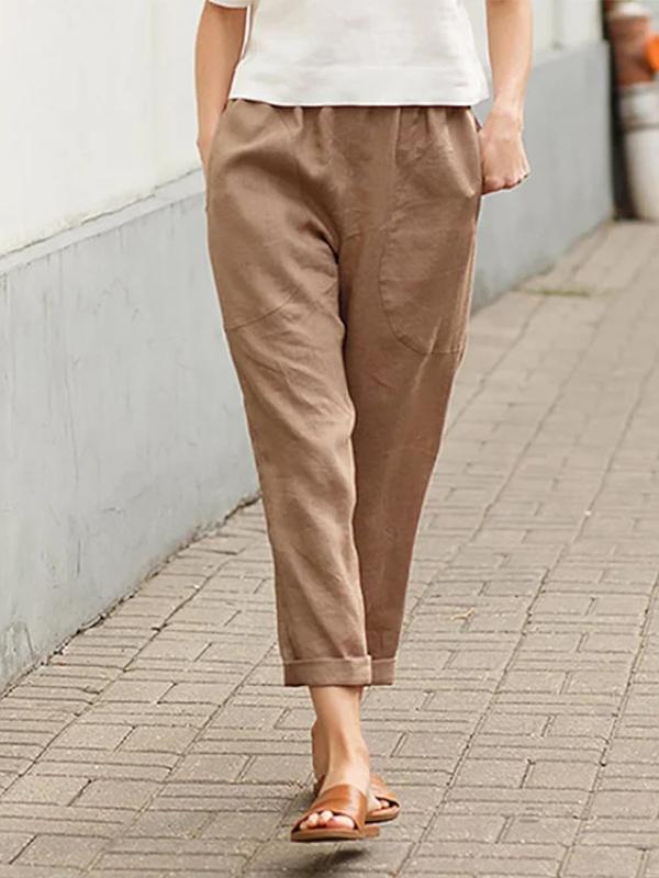 Plus Size Pure Color Comfort Cotton and Linen Casual Pants Straight-Leg Trousers