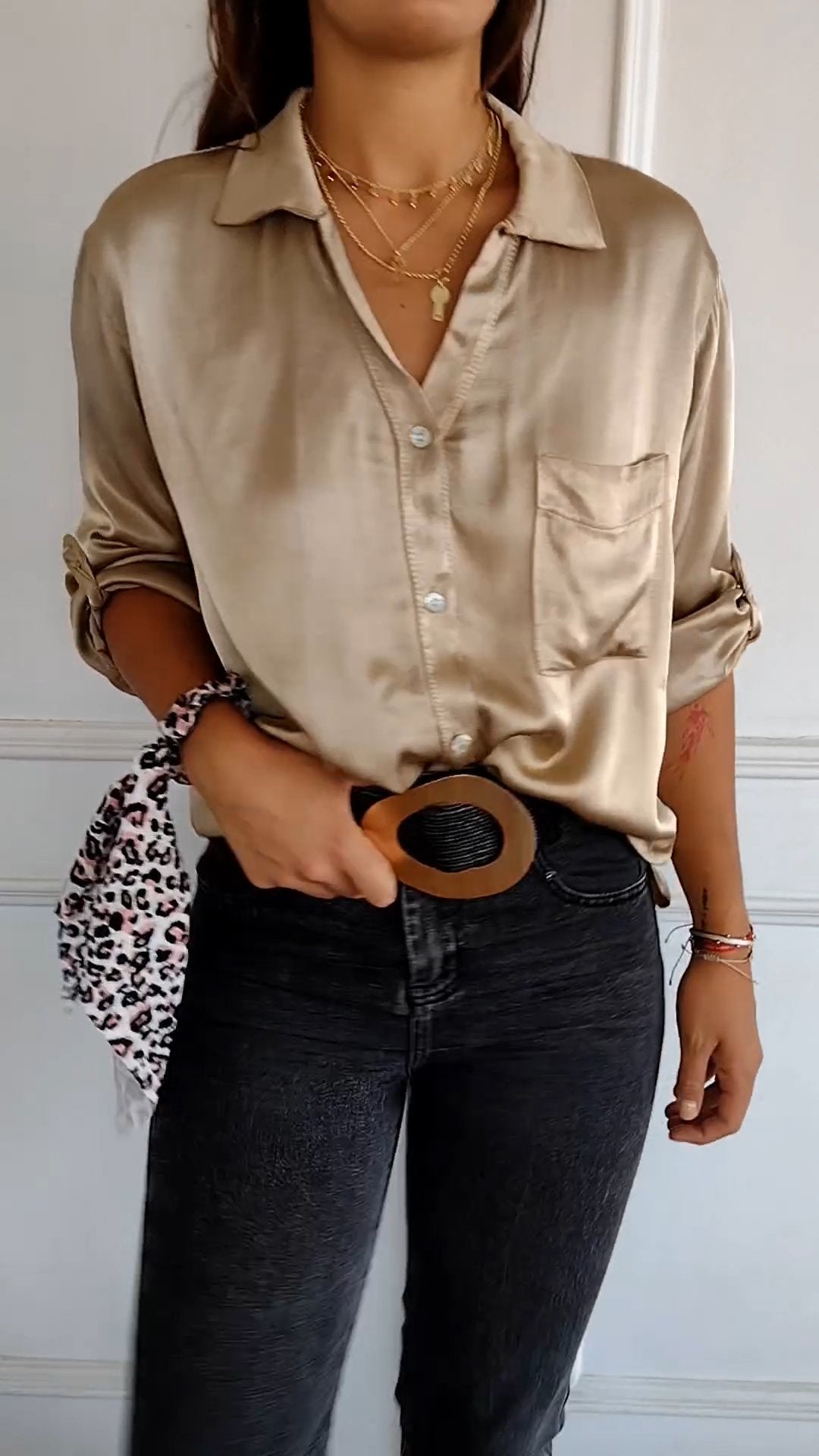 Satin Long Sleeve Top Shirt with Pocket