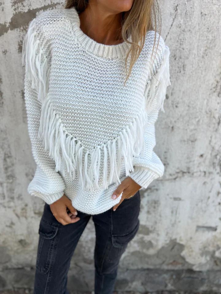 Round Neck Fringed Knitted Top