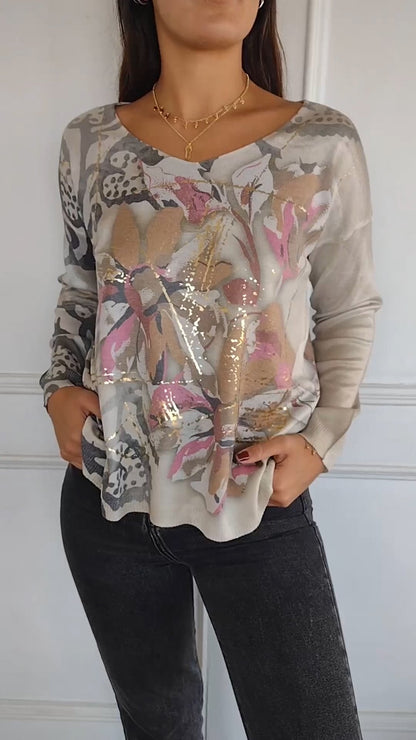 Round Neck Long Sleeve Printed Top