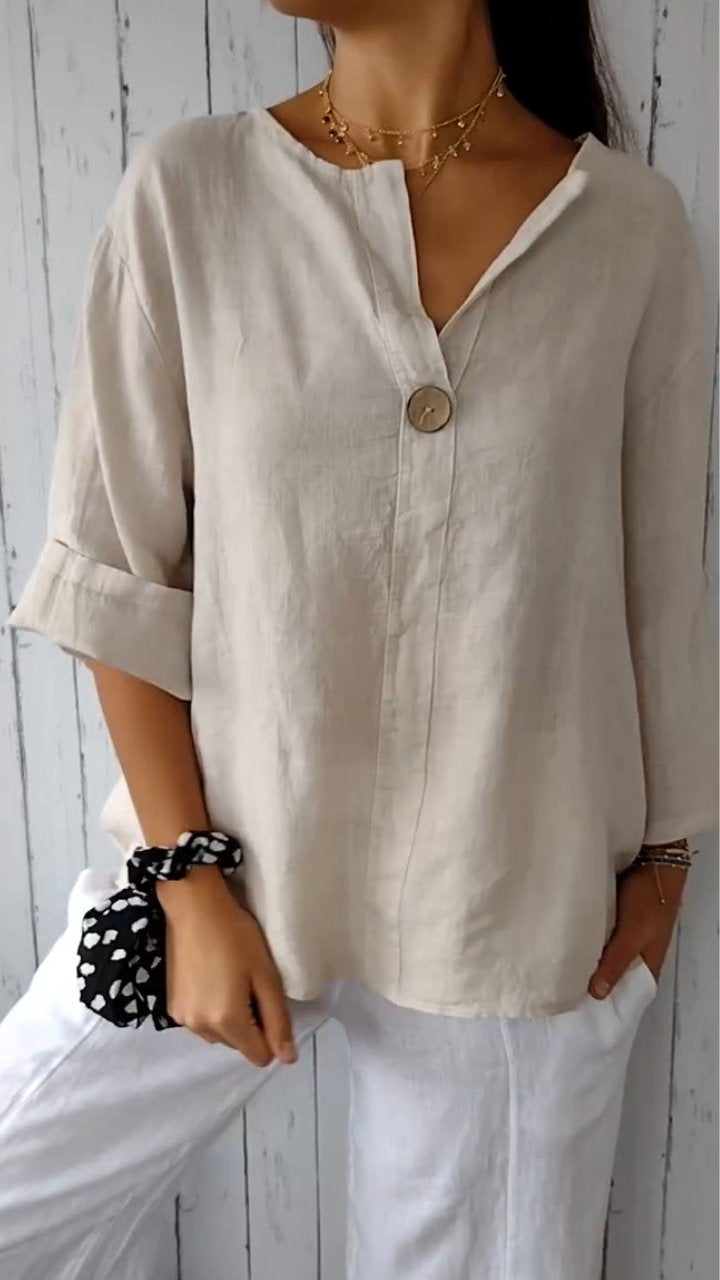 V-neck Button-down Mid-sleeve Cotton and Linen Top