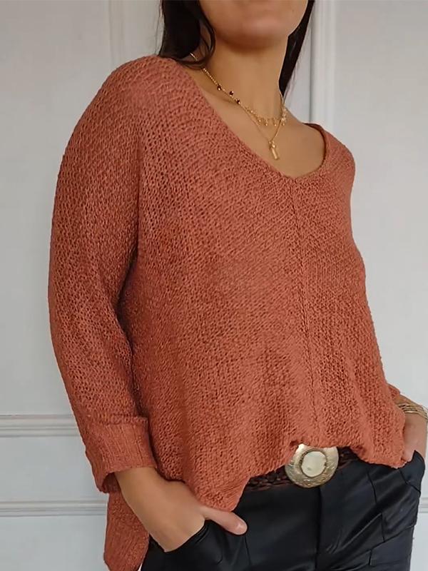 Women's V-neck Knitted Long-sleeved Top