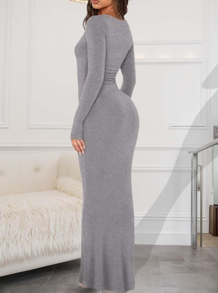 Women's Sexy Scoop Neck Long Sleeve Lounge Long Dress Ribbed Bodycon Maxi Dress