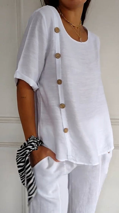 Round Neck Side Button Short Sleeve Top