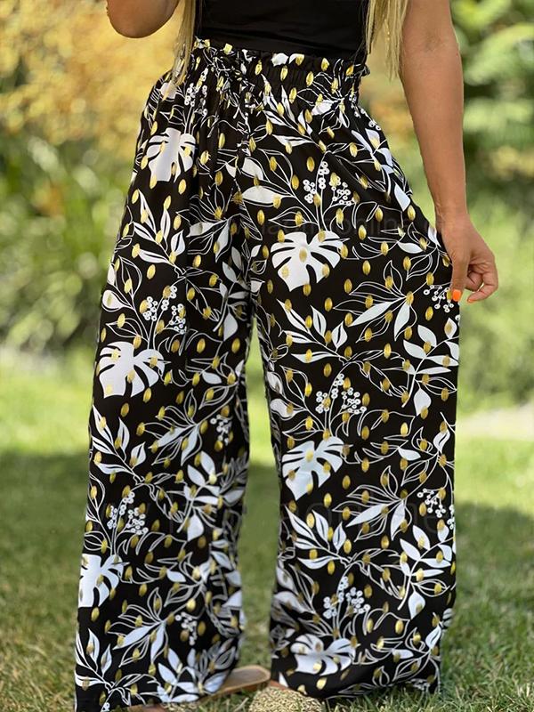 Women's Casual Gold Stamping Printed Long Wide-leg Pants