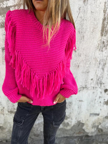 Round Neck Fringed Knitted Top