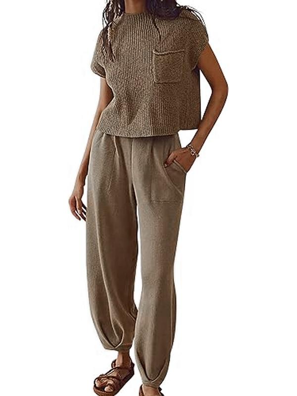 Women's sweater two-piece set, sleeveless sweater, long-sleeved sweater pullover + high-waisted trousers, high-waisted shorts casual suit