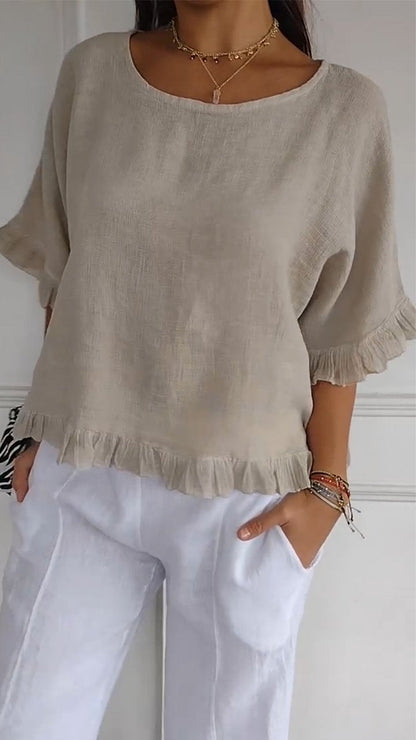 Round Neck Ruffled Hem Mid-sleeve Cotton and Linen Top