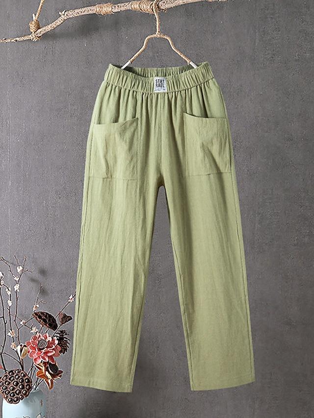 Women's Slacks Baggy Cropped  Ankle-Length Linen Pocket Elastic Mid Waist Pants