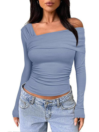 Women's solid color single shoulder long sleeve backless pleated top T-shirt