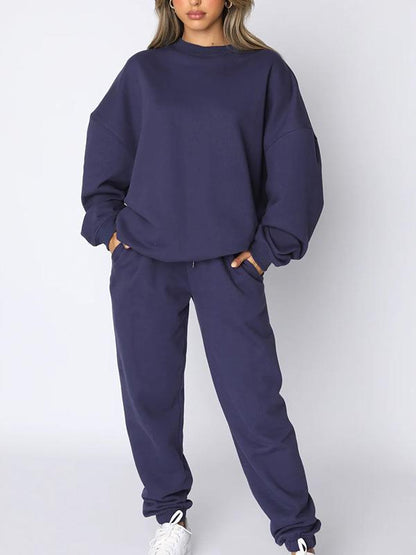 Solid color round neck trousers and long sleeve sweatshirt suit