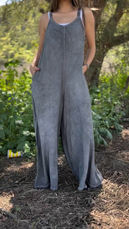 Distressed Washed V-neck Jumpsuit