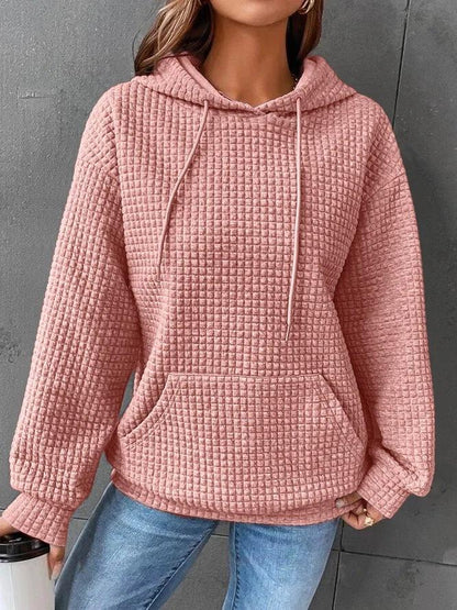 New Waffle Round Neck Long Sleeve Sweatshirt Solid Color Tops for Women