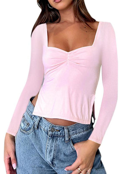 Women's solid color square collar long sleeve pleated side slit top T-shirt