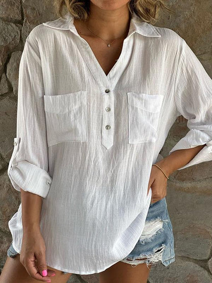 Solid Color Cotton and Linen Button Long Sleeve Casual Shirt Top