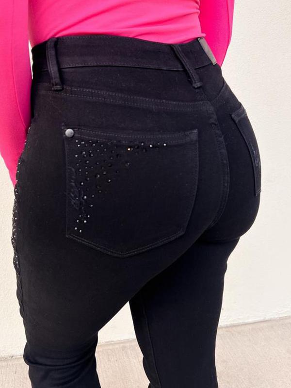 Women's Black Slim Fit Rhinestone Jeans Trousers