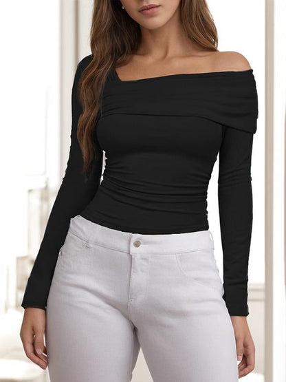 Women's solid color single shoulder long sleeve backless pleated top T-shirt