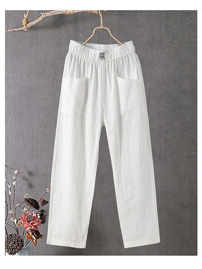 Women's Slacks Baggy Cropped  Ankle-Length Linen Pocket Elastic Mid Waist Pants