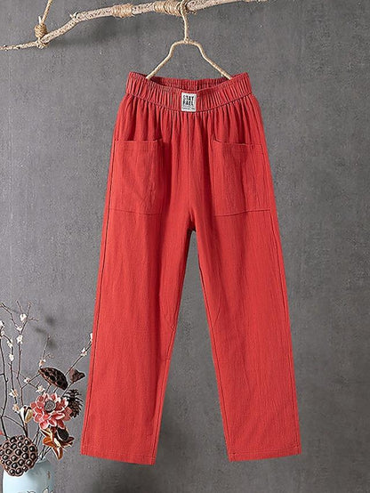 Women's Slacks Baggy Cropped  Ankle-Length Linen Pocket Elastic Mid Waist Pants