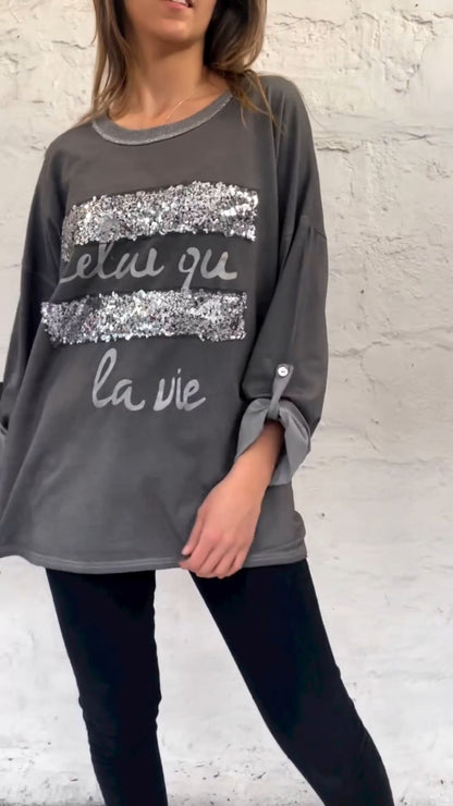 Letter pattern sequin casual T-shirt