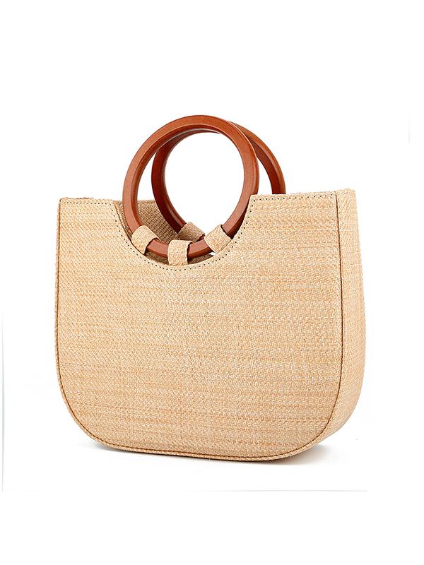 Women's Wooden Handle Handbag Straw Shoulder Bag