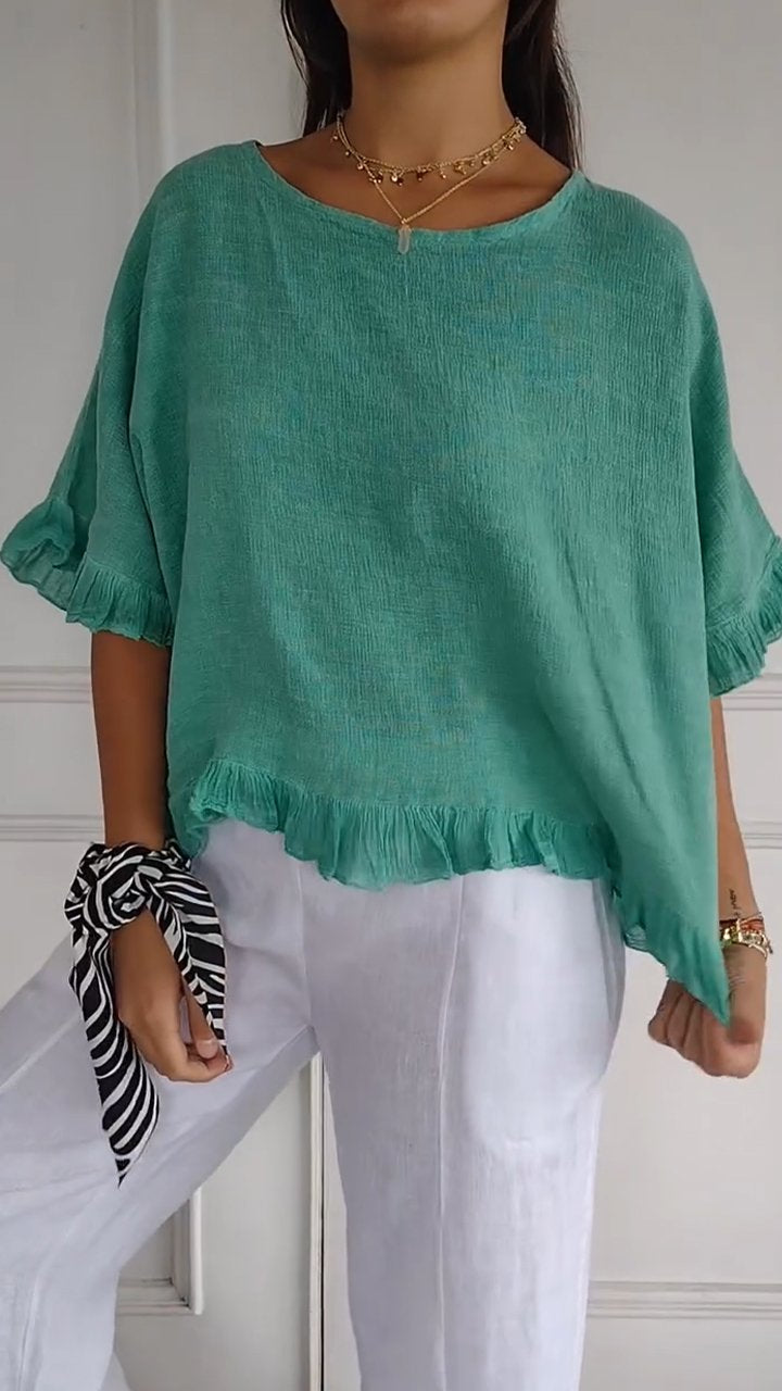 Round Neck Ruffled Hem Mid-sleeve Cotton and Linen Top