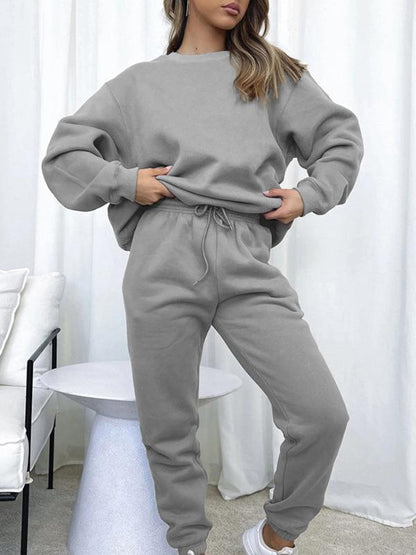 Solid color round neck trousers and long sleeve sweatshirt suit