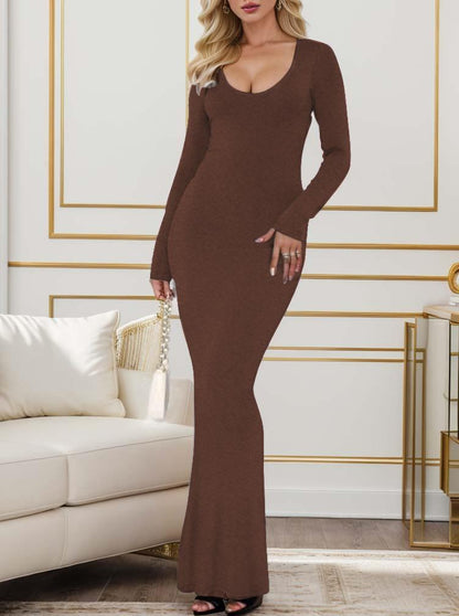 Women's Sexy Scoop Neck Long Sleeve Lounge Long Dress Ribbed Bodycon Maxi Dress