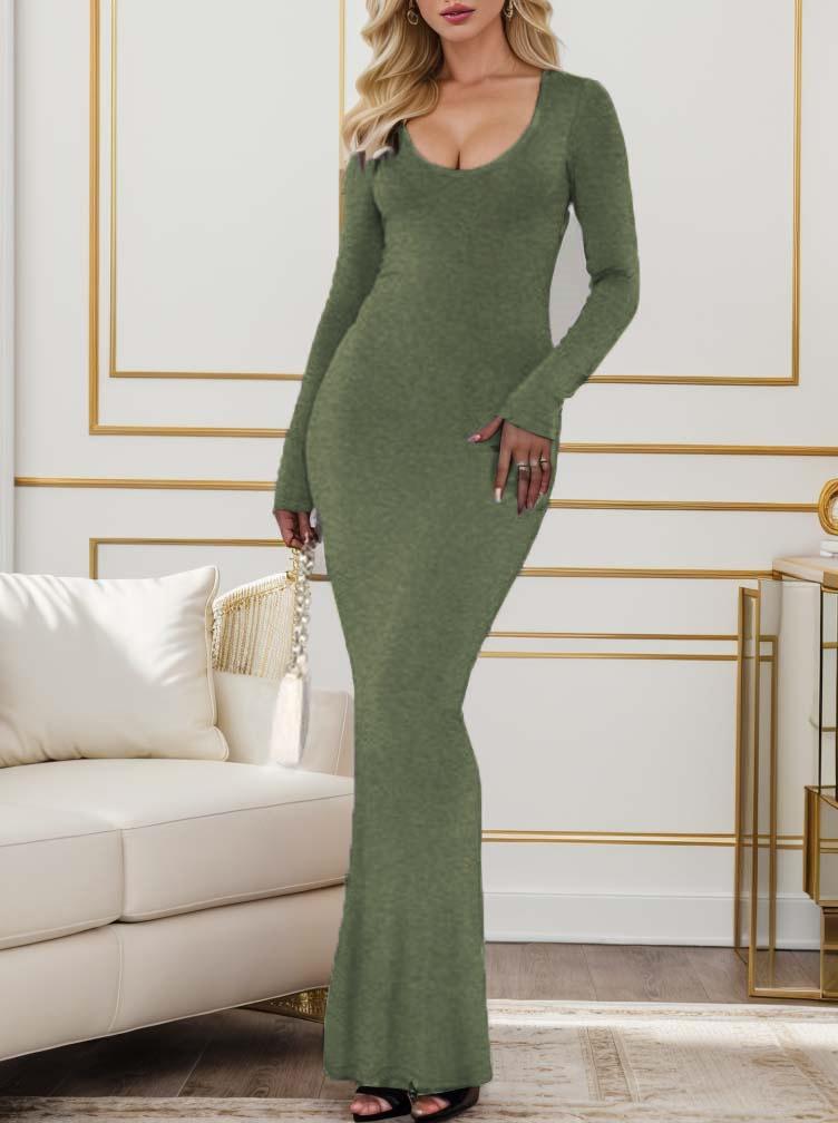 Women's Sexy Scoop Neck Long Sleeve Lounge Long Dress Ribbed Bodycon Maxi Dress