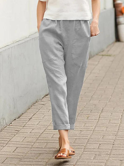 Plus Size Pure Color Comfort Cotton and Linen Casual Pants Straight-Leg Trousers