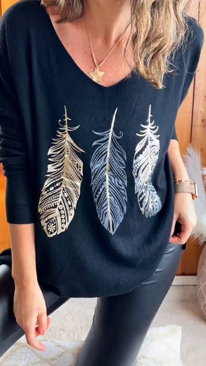 Feather Print V-neck Comfortable Top