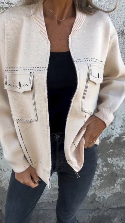 Casual Round Neck Zippered Long Sleeve Jacket