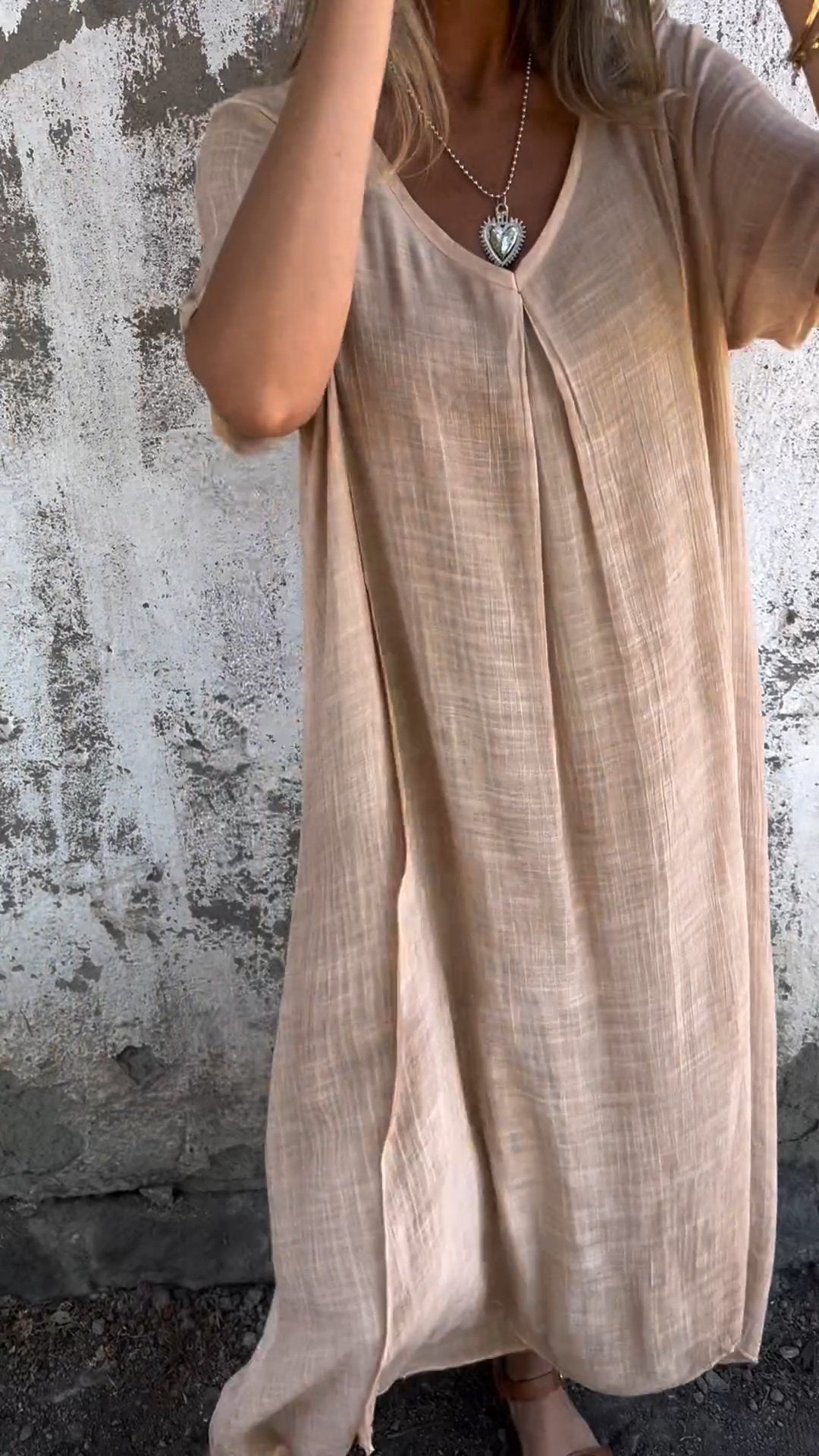 Cotton and Linen V-neck Midi Dress