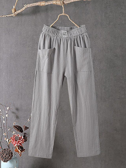 Women's Slacks Baggy Cropped  Ankle-Length Linen Pocket Elastic Mid Waist Pants