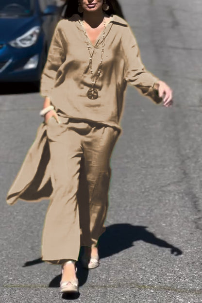 V-neck cotton and linen long top and pants suit