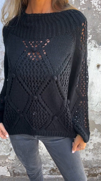 Round Neck Long Sleeve Knitted Top with Hollow Design