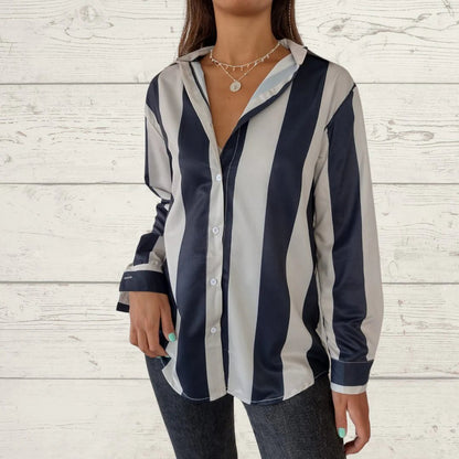 Satin Lapel Single-breasted Striped Shirt