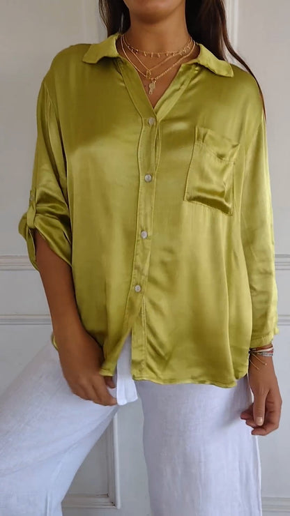 Satin Long Sleeve Top Shirt with Pocket