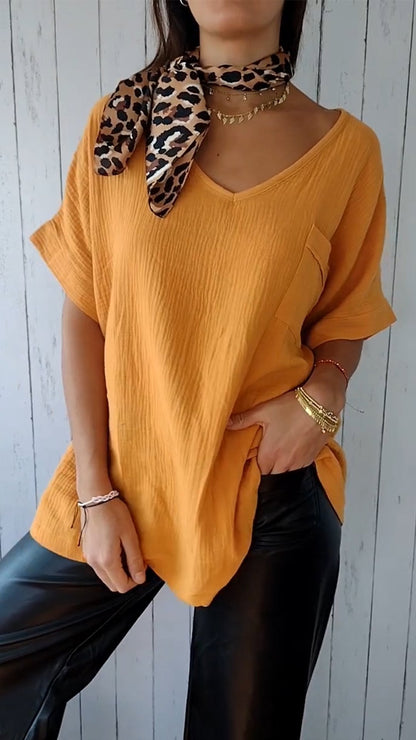 Solid Color V-neck Loose T-shirt