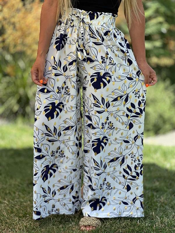 Women's Casual Gold Stamping Printed Long Wide-leg Pants