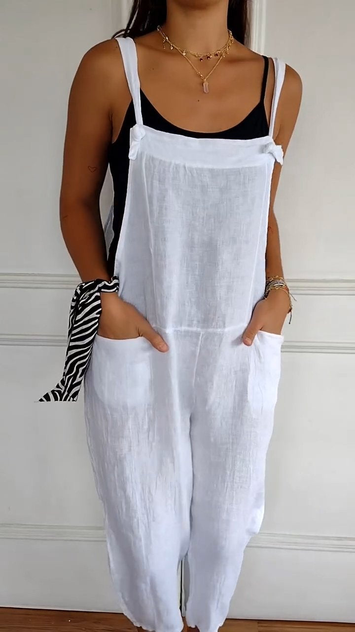 Casual Cotton and Linen Suspender Jumpsuit